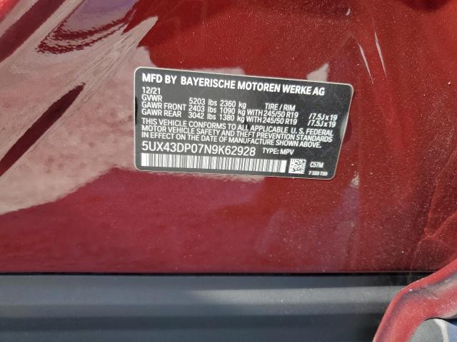 5UX43DP07N9K62928 - 2022 BMW X3 SDRIVE30I BURGUNDY photo 13