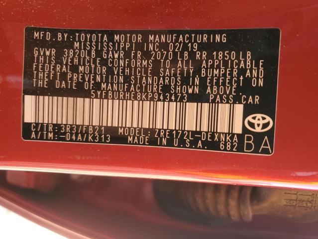 5YFBURHE8KP943473 - 2019 TOYOTA COROLLA L RED photo 13