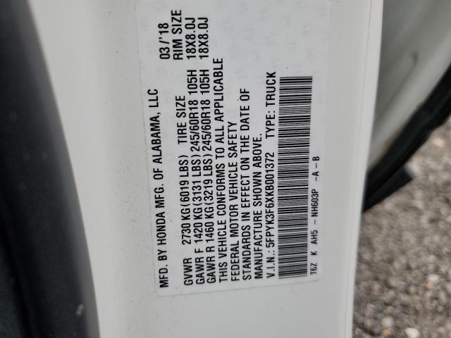 5FPYK3F6XKB001372 - 2019 HONDA RIDGELINE RTL WHITE photo 12