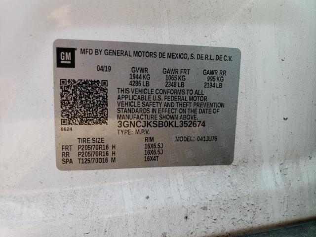 3GNCJKSB0KL352674 - 2019 CHEVROLET TRAX LS WHITE photo 13