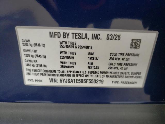 5YJSA1E59SF550219 - 2025 TESLA MODEL S BLUE photo 13