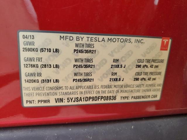 5YJSA1DP9DFP08936 - 2013 TESLA MODEL S RED photo 12