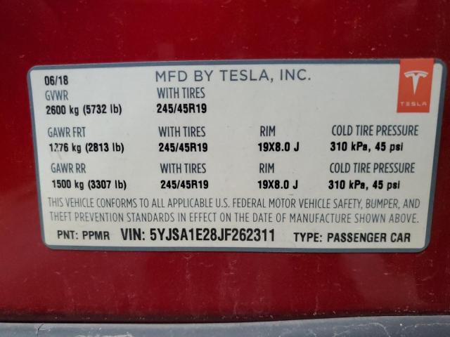 5YJSA1E28JF262311 - 2018 TESLA MODEL S 红色 照片 13
