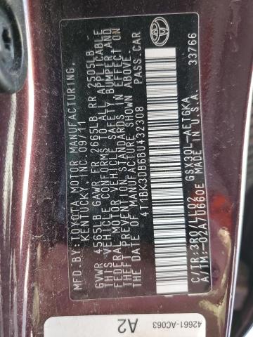 4T1BK3DB6BU432308 - 2011 TOYOTA AVALON BASE Tünd qırmızı foto 12