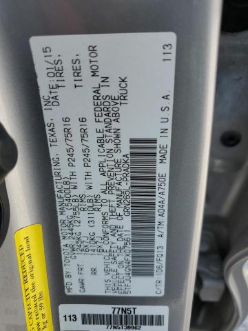 5TFJU4GN4FX075611 - 2015 TOYOTA TACOMA DOUBLE CAB PRERUNNER SILVER photo 12