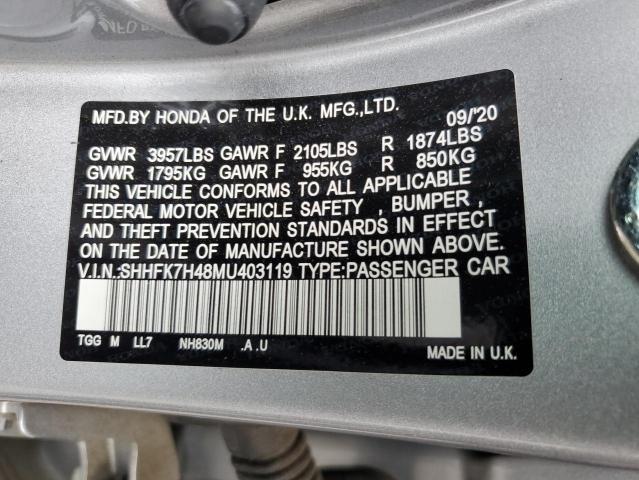 SHHFK7H48MU403119 - 2021 HONDA CIVIC SPORT 银色 照片 12