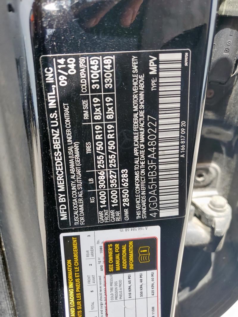 4JGDA5HB3FA480227 - 2015 MERCEDES-BENZ ML 350 4MATIC BLACK photo 12