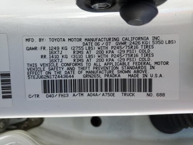 5TEJU62N17Z443644 - 2007 TOYOTA TACOMA DOUBLE CAB PRERUNNER WHITE photo 12