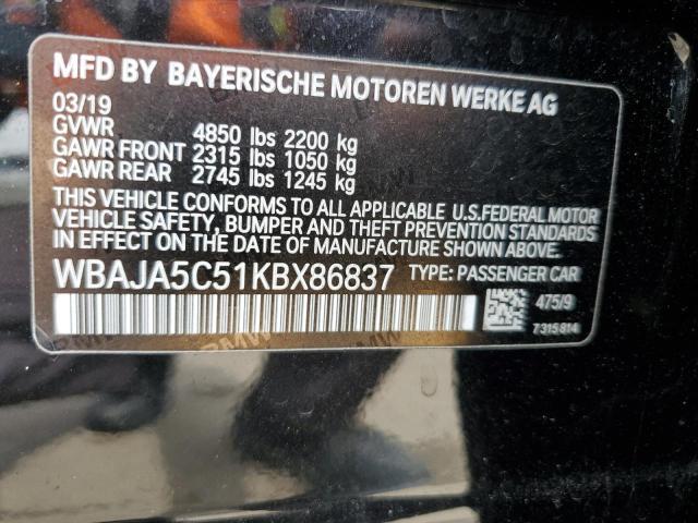 WBAJA5C51KBX86837 - 2019 BMW 530 I BLACK photo 12