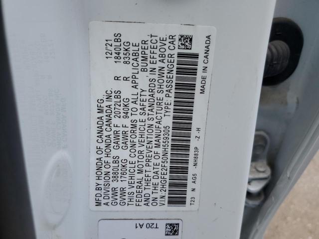 2HGFE2F50NH559305 - 2022 HONDA CIVIC SPORT 白色 照片 12