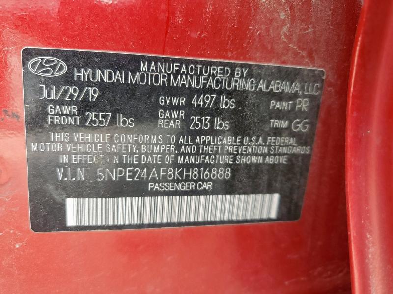 5NPE24AF8KH816888 - 2019 HYUNDAI SONATA SE 红色 照片 12