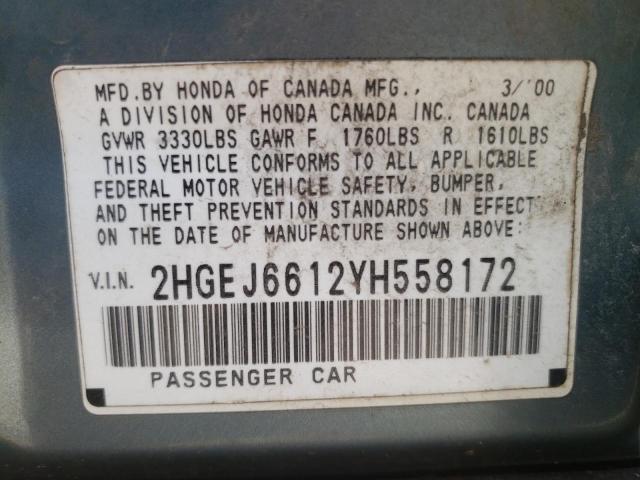 2HGEJ6612YH558172 - 2000 HONDA CIVIC BASE TEAL photo 12