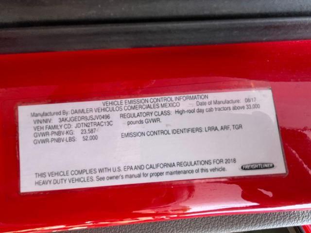3AKJGEDR9JSJV0496 - 2018 FREIGHTLINER CASCADIA 1 წითელი ფოტო 10