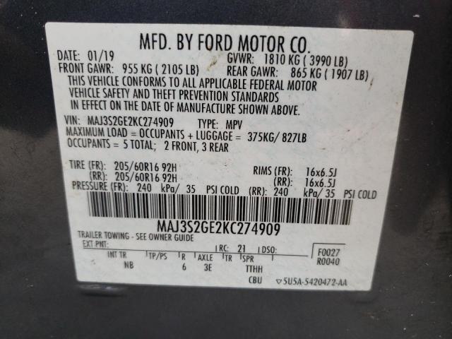 MAJ3S2GE2KC274909 - 2019 FORD ECOSPORT SE Gris foto 14