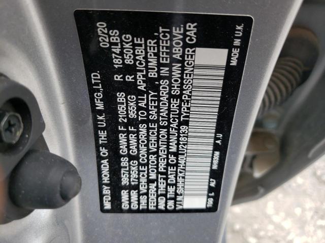 SHHFK7H40LU218139 - 2020 HONDA CIVIC SPORT ვერცხლისფერი ფოტო 12