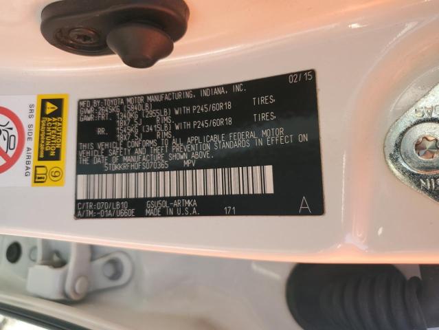 5TDKKRFH0FS070365 - 2015 TOYOTA HIGHLANDER XLE WHITE photo 14