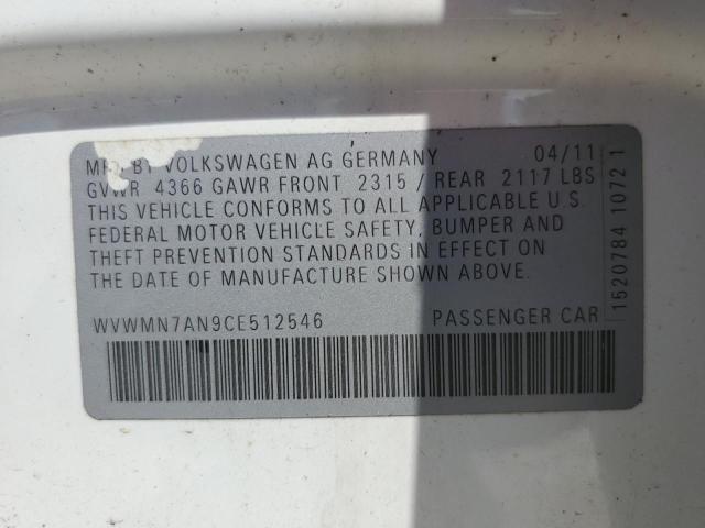 WVWMN7AN9CE512546 - 2012 VOLKSWAGEN CC SPORT WHITE photo 12