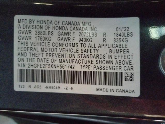 2HGFE2F5XNH561742 - 2022 HONDA CIVIC SPORT 灰色 照片 12