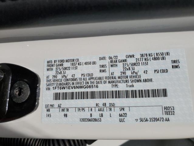 1FT6W1EV6NWG08516 - 2022 FORD F150 LIGHTNING PRO WHITE photo 12