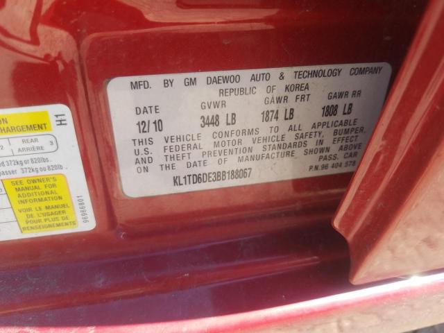 KL1TD6DE3BB188067 - 2011 CHEVROLET AVEO LS 红色 照片 13