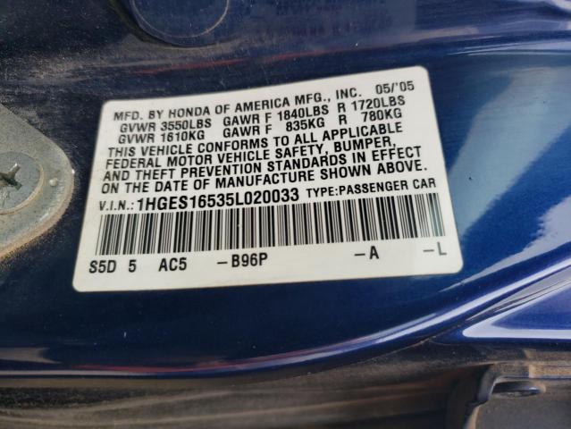 1HGES16535L020033 - 2005 HONDA CIVIC LX BLUE photo 12