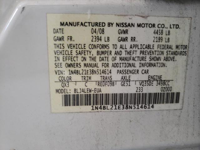 1N4BL21E38N514614 - 2008 NISSAN ALTIMA 3.5SE WHITE photo 10