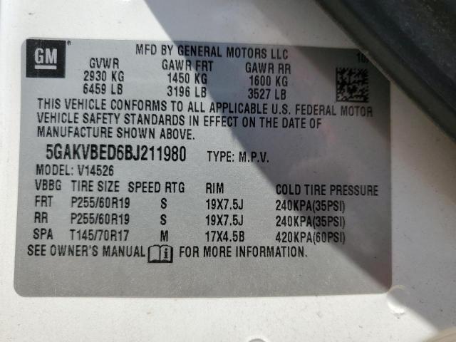 5GAKVBED6BJ211980 - 2011 BUICK ENCLAVE CXL WHITE photo 13