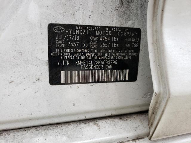 KMHE14L22KA093796 - 2019 HYUNDAI SONATA PLUG-IN HYBRID WHITE photo 12