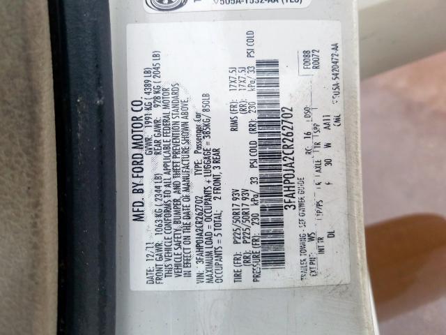 3FAHP0JA2CR262702 - 2012 FORD FUSION SEL  photo 10