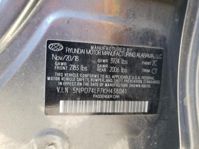 5NPD74LF7KH438041 - 2019 HYUNDAI ELANTRA SE CHARCOAL photo 12