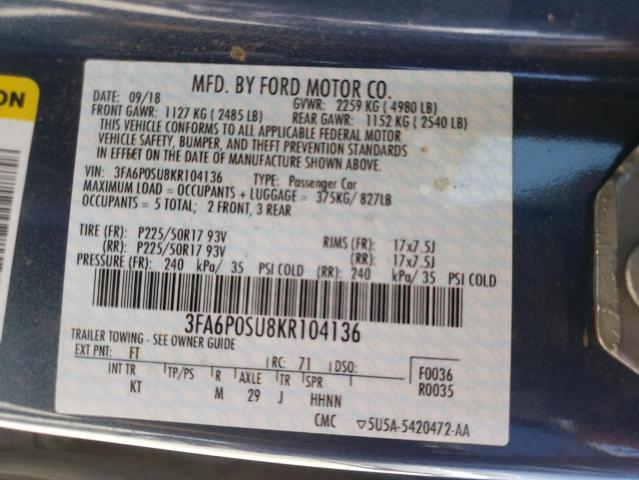 3FA6P0SU8KR104136 - 2019 FORD FUSION TITANIUM BLUE photo 13