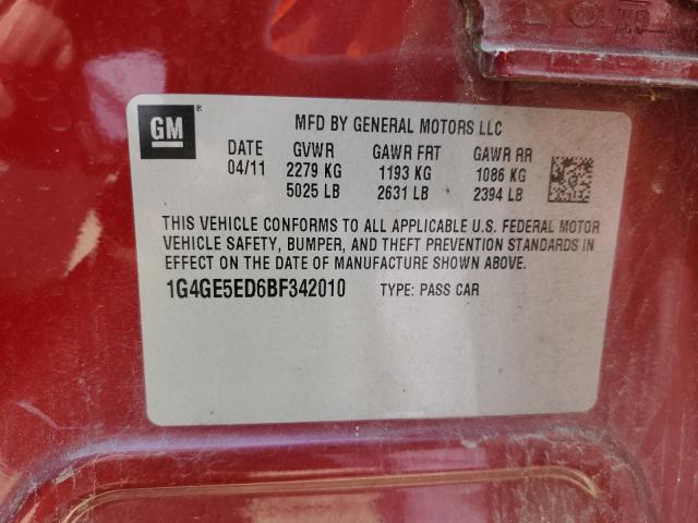 1G4GE5ED6BF342010 - 2011 BUICK LACROSSE CXS RED photo 12
