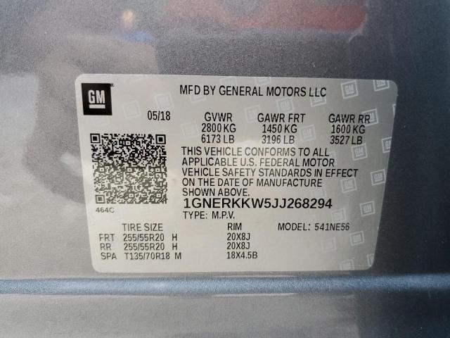 1GNERKKW5JJ268294 - 2018 CHEVROLET TRAVERSE PREMIER GRAY photo 14