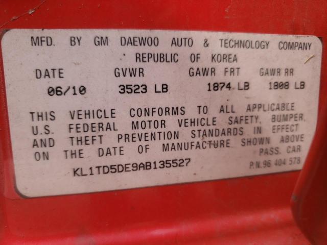 KL1TD5DE9AB135527 - 2010 CHEVROLET AVEO LS 红色 照片 12