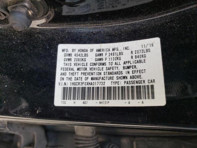 1HGCR3F0XHA017732 - 2017 HONDA ACCORD SED EXL BLACK photo 12