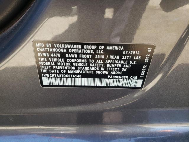 1VWCH7A37DC014146 - 2013 VOLKSWAGEN PASSAT SEL CHARCOAL photo 12