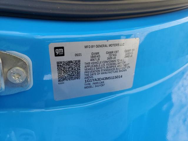 1G1YA3D43M5115014 - 2021 CHEVROLET CORVETTE STINGRAY 1LT BLUE photo 12