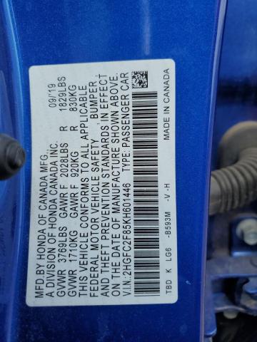 2HGFC2F85KH601446 - 2019 HONDA CIVIC SPORT 蓝色 照片 12