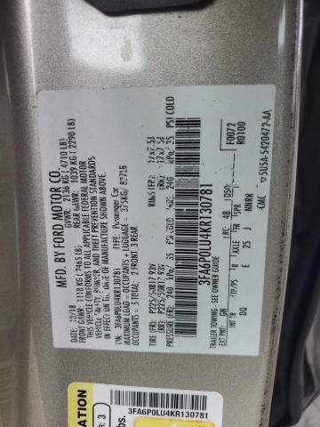 3FA6P0LU4KR130781 - 2019 FORD FUSION SE Beige photo 12