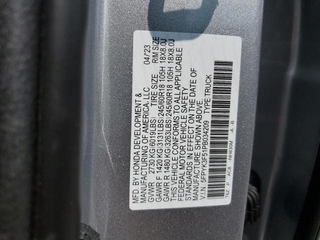 5FPYK3F51PB034209 - 2023 HONDA RIDGELINE RTL SILVER photo 12