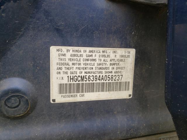 1HGCM56394A058237 - 2004 HONDA ACCORD LX BLUE photo 10