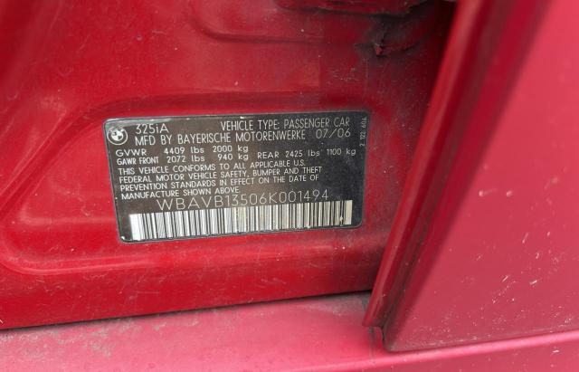 WBAVB13506K001494 - 2006 BMW 325 I RED photo 10