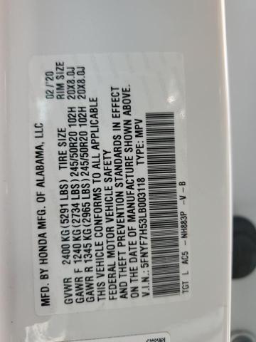 5FNYF7H53LB003118 - 2020 HONDA PASSPORT EXL Ağ foto 13