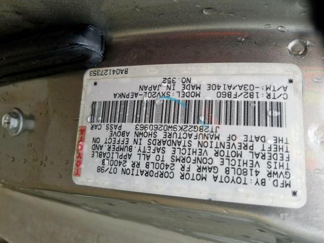 JT2BG22K9W0260963 - 1998 TOYOTA CAMRY CE  photo 10