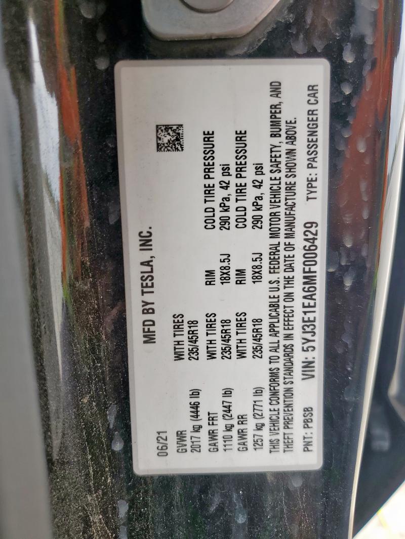 5YJ3E1EA6MF006429 - 2021 TESLA MODEL 3 Սև լուսանկար 13