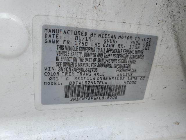 3N1CN7AP6KL842708 - 2019 NISSAN VERSA S WHITE photo 12