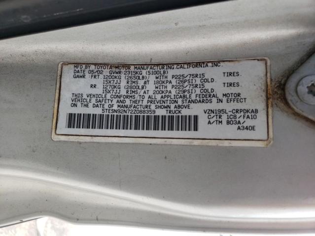 5TESN92N72Z088359 - 2002 TOYOTA TACOMA XTRACAB PRERUNNER 银色 照片 12