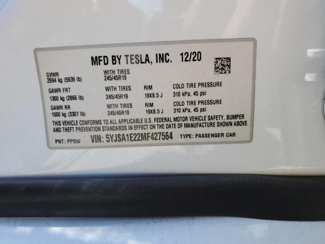 5YJSA1E22MF427564 - 2021 TESLA MODEL S WHITE photo 12