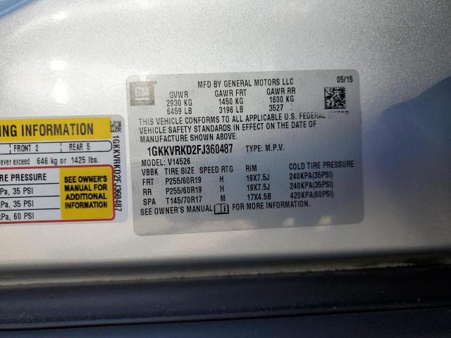 1GKKVRKD2FJ360487 - 2015 GMC ACADIA SLT-1 SILVER photo 13