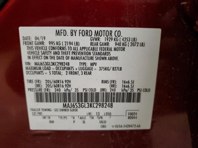 MAJ6S3GL3KC298248 - 2019 FORD ECOSPORT SE წითელი ფოტო 13